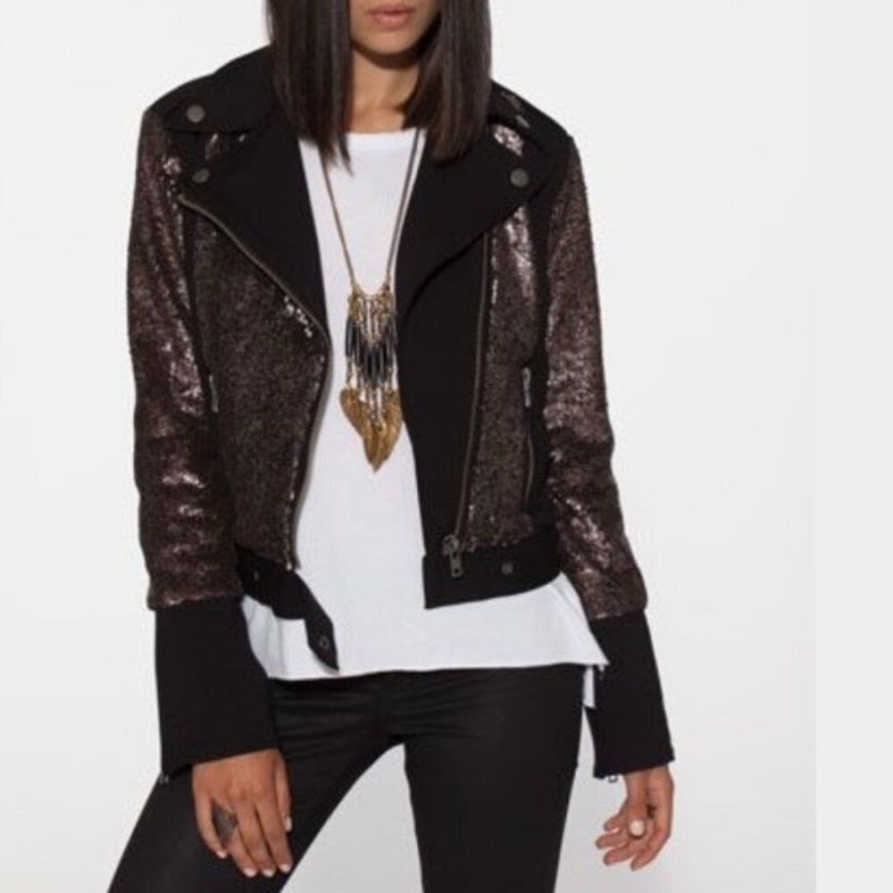 Chaser Sequin & Ponte Moto Jacket Dusty Violet Black NWT Size Medium Edgy